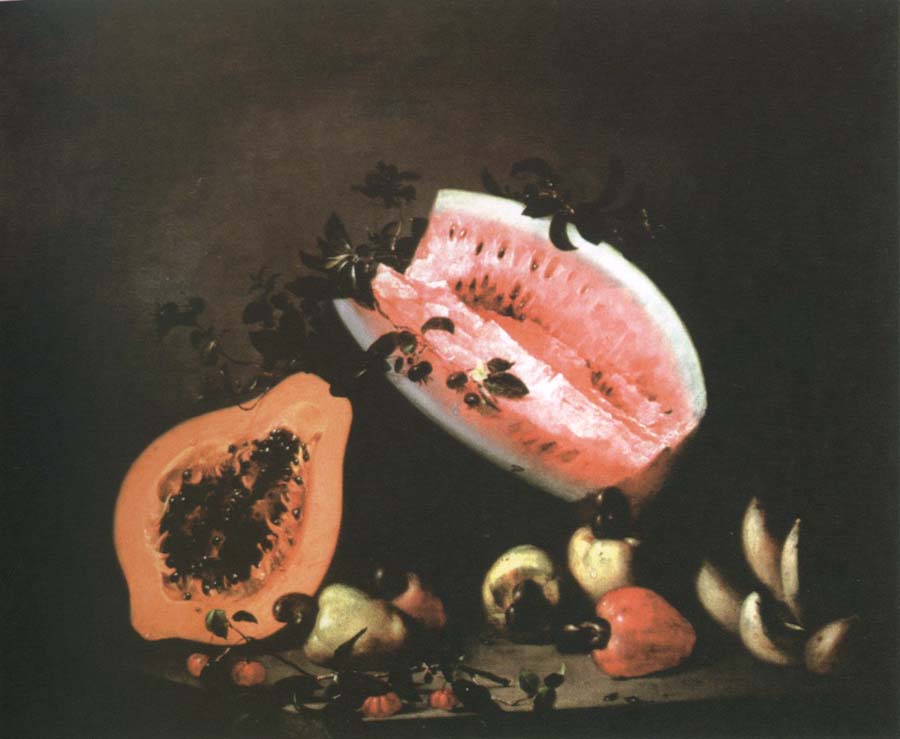 still life of papaya,watermelon and cashew